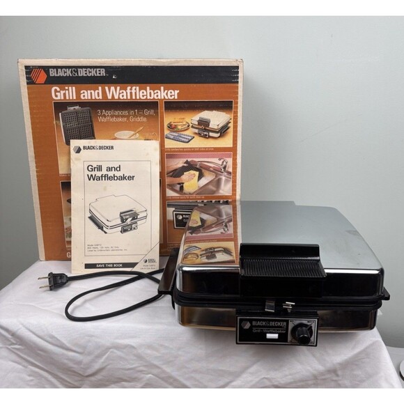 VTG 80s Black & Decker Grill & Wafflebaker G48TD Chrome Orig Box Manuals - Picture 1 of 7